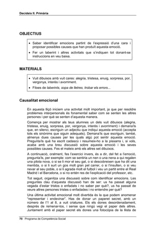 'HFLGHL[ ,, 3ULPjULD




                                                            /OLoy 



                  DXVHV GH OHV HPRFLRQV

,1752'8,Ï

   A aquestes alçades del programa, el mestre o la mestra ha de decidir si
   el grup classe ja sap proposar-se adequadament les quatre preguntes
   màgiques de 'HFLGHL[. En cas afirmatiu, és el moment d’aconsellar-los
   que comencin a realitzar activitats fent servir un murmuri per a les quatre
   preguntes.
   En la primera activitat d’aquesta lliçó s’utilitzen unes targes per tal de
   seguir exercitant el pensament causal, referit a les emocions humanes.
   S’ha de fer veure als alumnes i a les alumnes que moltes vegades és
   difícil saber què els passa a les persones, ja que fan la “mateixa” cara
   quan estan tristes que quan estan enutjades, quan estan alegres que
   quan estan interessades i quan desconfien que quan estan cansades o
   avorrides, etc. A vegades s’ha d’esperar que siguin les persones
   interessades les que ens diguin com es troben, per saber-ho. És més,
   algunes vegades ni elles mateixes saben el que estan sentint. I encara és
   molt més difícil saber perquè estan sentint d’aquella manera. Els nens i
   les nenes han d’arribar a comprendre tot això d’alguna manera, per tal de
   no precipitar-se en determinar com s’estan sentint les altres persones. La
   precipitació pot ésser un gran destorb per solucionar problemes
   interpersonals.
   En la segona activitat, se’ls proposa que facin laberints i altres activitats
   murmurant, és a dir, donant-se ja les pròpies autoinstruccions sense
   parlar.




                                               Programa de Competència Social 
 