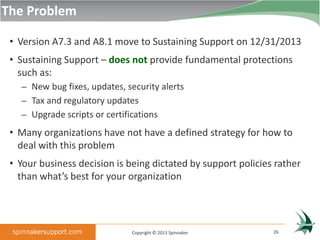 The Problem

 • Version A7.3 and A8.1 move to Sustaining Support on 12/31/2013
 • Sustaining Support – does not provide fundamental protections
   such as:
   – New bug fixes, updates, security alerts
   – Tax and regulatory updates
   – Upgrade scripts or certifications

 • Many organizations have not have a defined strategy for how to
   deal with this problem
 • Your business decision is being dictated by support policies rather
   than what’s best for your organization




                               Copyright © 2013 Spinnaker      26
 