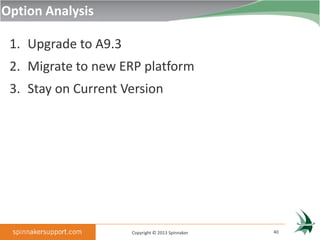 Option Analysis

 1. Upgrade to A9.3
 2. Migrate to new ERP platform
 3. Stay on Current Version




                      Copyright © 2013 Spinnaker   40
 