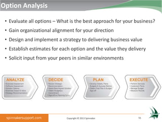 Option Analysis

 • Evaluate all options – What is the best approach for your business?
 • Gain organizational alignment for your direction
 • Design and implement a strategy to delivering business value
 • Establish estimates for each option and the value they delivery
 • Solicit input from your peers in similar environments




                             Copyright © 2013 Spinnaker       55
 