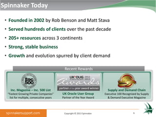 Spinnaker Today

 • Founded in 2002 by Rob Benson and Matt Stava
 • Served hundreds of clients over the past decade
 • 205+ resources across 3 continents
 • Strong, stable business
 • Growth and evolution spurred by client demand

                                            Recent Rewards



    Inc. Magazine – Inc. 500 List                                          Supply and Demand Chain
  “Fastest Growing Private Companies”      UK Oracle User Group          Executive 100 Recognized by Supply
    list for multiple, consecutive years   Partner of the Year Award       & Demand Executive Magazine




                                            Copyright © 2013 Spinnaker                         6
 