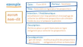 exemple Date : Porteur :
Titre :
Intention / Problématique :
Description :
Conséquences :
Secrétaire
Formulaire en ligne pour les propositions
Actuellement c’est trop pénible et chronophage de
collecter les différentes propositions afin d’établir
l’ordre du jour et préparer la plénière
Mettre en place un petit formulaire en ligne
obligatoire pour collecter les propositions
7 juin 2019
- gain de temps – meilleure qualité des propositions
– pas d’oublis - obligatoire d’utiliser ce formulaire
aucun
non-dit
 