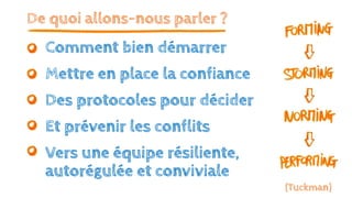 De quoi allons-nous parler ?
Comment bien démarrer
Mettre en place la confiance
Des protocoles pour décider
Et prévenir les conflits
Vers une équipe résiliente,
autorégulée et conviviale
(Tuckman)
 