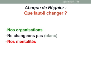 Abaque de Régnier :
Que faut-il changer ?
• Nos organisations
• Ne changeons pas (blanc)
• Nos mentalités
19@DavidVALLAT
 