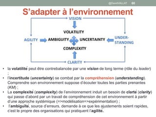 S’adapter à l’environnement
60
donc de combattre VUCA par VUCA.
Figure 5. VUCA contre VUCA
Source : anonyme
- la volatilité (volatility) peut être contrebalancée par une vision de long terme
(Senge, 2006), c’est-à-dire une orientation stratégique forte, assumée et
communiquée afin de rassurer les parties prenantes ; produire cette vision est un
exercice peu aisé qui à la fois renvoie à des techniques (storytelling – Johnstone,
2002 ; métaphores, analogies, symboles – Nonaka, 1991) et aux qualités propres
du leader (Nonaka & Zhu, 2012 ; Nonaka & Takeuchi, 2011) ;
- l’incertitude (uncertainty) se combat par la compréhension (understanding).
Comprendre son environnement suppose d’écouter toutes les parties prenantes
(et donc d’avoir les instances permettant de pratiquer cette écoute, de capitaliser
l’information et de développer les actions afférentes) ; la compréhension se
• la volatilité peut être contrebalancée par une vision de long terme (rôle du leader)
;
• l’incertitude (uncertainty) se combat par la compréhension (understanding).
Comprendre son environnement suppose d’écouter toutes les parties prenantes
(KM) ;
• La complexité (complexity) de l’environnement induit un besoin de clarté (clarity)
qui passe d’abord par un travail de compréhension de cet environnement à partir
d’une approche systémique (=>modélisation=>expérimentation) ;
• l’ambiguïté, source d’erreurs, demande à ce que les ajustements soient rapides,
c’est le propre des organisations qui pratiquent l’agilité.
@DavidVALLAT
 