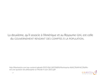 QUELS	PROCESSUS	DE	DÉCISION	?
adhocratie
aristocratie
autocratie
bureaucratie
démocratie
doxocratie
ethnocratie
hiérocratie
ploutocratie
technocratie
théocratie
…
?
17
« kratos » : force et pouvoir
« archie » : commandement
 