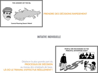 En 1957, Douglas McGregor explicite la philosophie qui sous-tend
les entreprises « traditionnelles » :
« Les salariés ont une aversion intrinsèque pour le travail  
et préfèrent être dirigés afin d’échapper aux responsabilités »
9
 