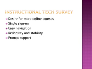 Instructional tech SurveyDesire for more online coursesSingle sign-onEasy navigationReliability and stabilityPrompt support