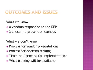 Additional functionalityOnline document editing (f)Push notification for course updates (s)Notification system (missed exam, announcements, discussion, etc) (f)Easily embed videos (f)Web conferencing (s)Resume function on quizzes (s)Picture roster (s)Consistent look among courses (s)Wikis (f)