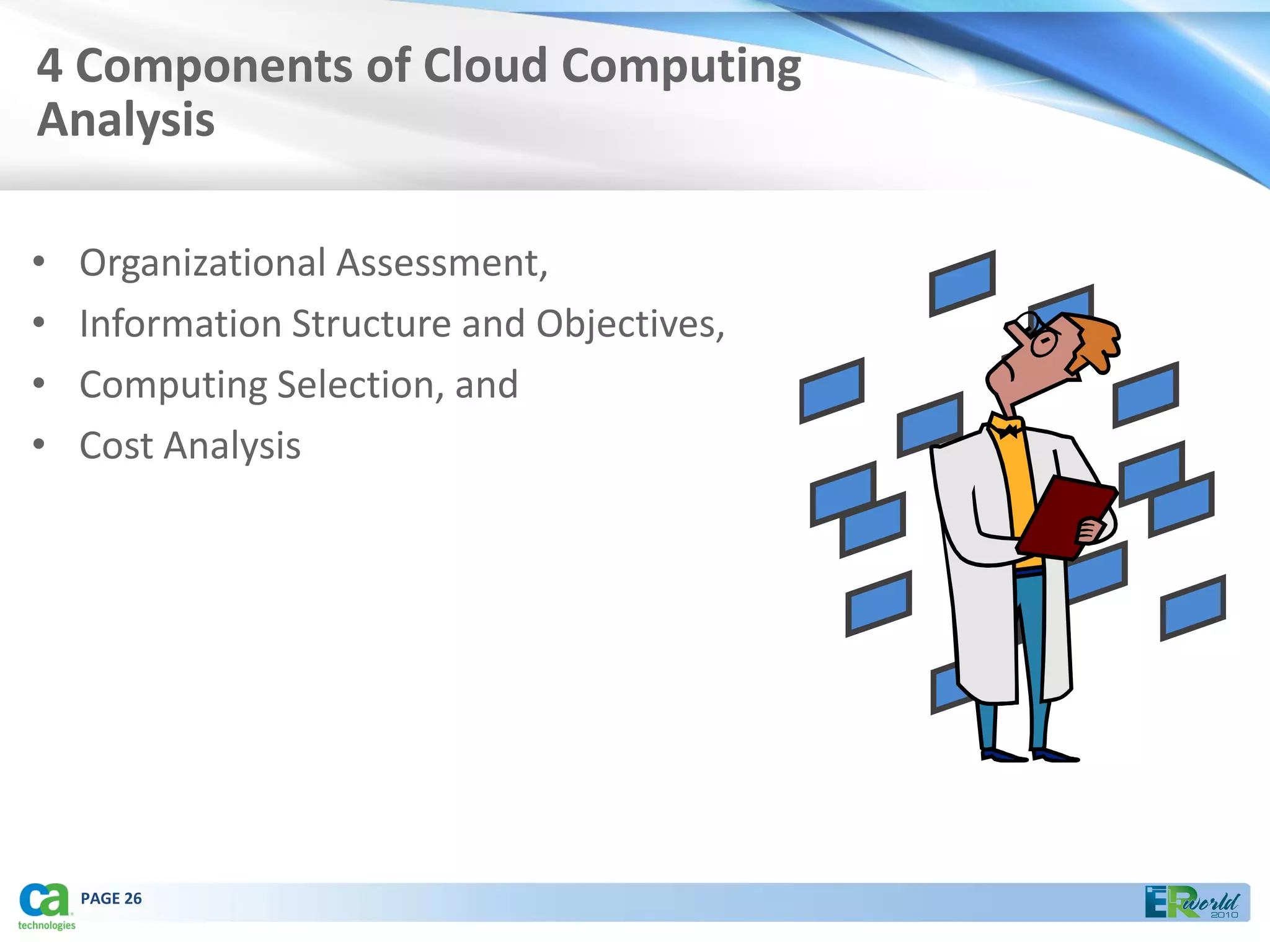 4 Components of Cloud Computing
Analysis

•   Organizational Assessment,
•   Information Structure and Objectives,
•   Computing Selection, and
•   Cost Analysis




    PAGE 26
 