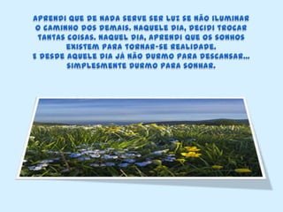 Aprendi que de nada serve ser luz se não iluminar o caminho dos demais. Naquele dia, decidi trocar tantas coisas. Naquel dia, aprendi que os sonhos existem para tornar-se realidade. E desde aquele dia já não durmo para descansar... simplesmente durmo para sonhar.