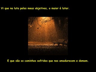 Vi que na luta pelos meus objetivos, o maior é lutar.




    E que são os caminhos sofridos que nos amadurecem e domam.
 
