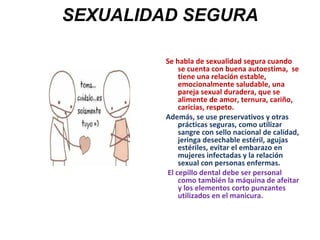 SEXUALIDAD SEGURA Se habla de sexualidad segura cuando se cuenta con buena autoestima,  se tiene una relación estable,  emocionalmente saludable, una pareja sexual duradera, que se alimente de amor, ternura, cariño, caricias, respeto.  Además, se use preservativos y otras prácticas seguras, como utilizar sangre con sello nacional de calidad, jeringa desechable estéril, agujas estériles, evitar el embarazo en mujeres infectadas y la relación sexual con personas enfermas. El cepillo dental debe ser personal como también la máquina de afeitar y los elementos corto punzantes utilizados en el manicura. 