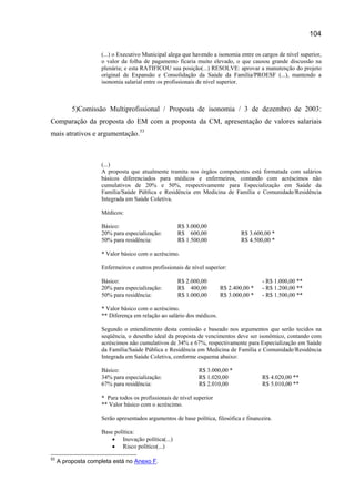 104

                    (...) o Executivo Municipal alega que havendo a isonomia entre os cargos de nível superior,
                    o valor da folha de pagamento ficaria muito elevado, o que causou grande discussão na
                    plenária; e esta RATIFICOU sua posição(...) RESOLVE: aprovar a manutenção do projeto
                    original de Expansão e Consolidação da Saúde da Família/PROESF (...), mantendo a
                    isonomia salarial entre os profissionais de nível superior.



          5)Comissão Multiprofissional / Proposta de isonomia / 3 de dezembro de 2003:
Comparação da proposta do EM com a proposta da CM, apresentação de valores salariais
mais atrativos e argumentação. 53



                    (...)
                    A proposta que atualmente tramita nos órgãos competentes está formatada com salários
                    básicos diferenciados para médicos e enfermeiros, contando com acréscimos não
                    cumulativos de 20% e 50%, respectivamente para Especialização em Saúde da
                    Família/Saúde Pública e Residência em Medicina de Família e Comunidade/Residência
                    Integrada em Saúde Coletiva.

                    Médicos:

                    Básico:                         R$ 3.000,00
                    20% para especialização:        R$ 600,00                 R$ 3.600,00 *
                    50% para residência:            R$ 1.500,00               R$ 4.500,00 *

                    * Valor básico com o acréscimo.

                    Enfermeiros e outros profissionais de nível superior:

                    Básico:                         R$ 2.000,00                        - R$ 1.000,00 **
                    20% para especialização:        R$ 400,00         R$ 2.400,00 *    - R$ 1.200,00 **
                    50% para residência:            R$ 1.000,00       R$ 3.000,00 *    - R$ 1.500,00 **

                    * Valor básico com o acréscimo.
                    ** Diferença em relação ao salário dos médicos.

                    Segundo o entendimento desta comissão e baseado nos argumentos que serão tecidos na
                    seqüência, o desenho ideal da proposta de vencimentos deve ser isonômico, contando com
                    acréscimos não cumulativos de 34% e 67%, respectivamente para Especialização em Saúde
                    da Família/Saúde Pública e Residência em Medicina de Família e Comunidade/Residência
                    Integrada em Saúde Coletiva, conforme esquema abaixo:

                    Básico:                                  R$ 3.000,00 *
                    34% para especialização:                 R$ 1.020,00               R$ 4.020,00 **
                    67% para residência:                     R$ 2.010,00               R$ 5.010,00 **

                    * Para todos os profissionais de nível superior
                    ** Valor básico com o acréscimo.

                    Serão apresentados argumentos de base política, filosófica e financeira.

                    Base política:
                        • Inovação política(...)
                        • Risco político(...)
53
     A proposta completa está no Anexo F.
 