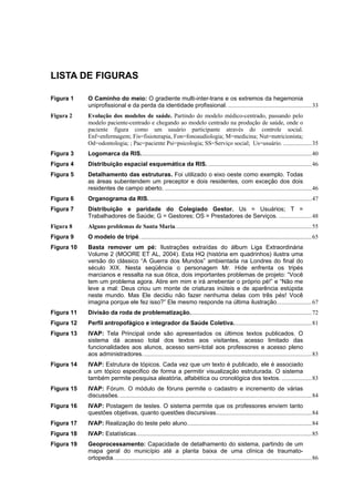 LISTA DE FIGURAS

Figura 1    O Caminho do meio: O gradiente multi-inter-trans e os extremos da hegemonia
            uniprofissional e da perda da identidade profissional. ........................................................33
Figura 2    Evolução dos modelos de saúde. Partindo do modelo médico-centrado, passando pelo
            modelo paciente-centrado e chegando ao modelo centrado na produção de saúde, onde o
            paciente figura como um usuário participante através do controle social.
            Enf=enfermagem; Fis=fisioterapia, Fon=fonoaudiologia; M=medicina; Nut=nutricionista;
            Od=odontologia; ; Pac=paciente Psi=psicologia; SS=Serviço social; Us=usuário. ...................35
Figura 3    Logomarca da RIS..................................................................................................................40
Figura 4    Distribuição espacial esquemática da RIS. .....................................................................46
Figura 5    Detalhamento das estruturas. Foi utilizado o eixo oeste como exemplo. Todas
            as áreas subentendem um preceptor e dois residentes, com exceção dos dois
            residentes de campo aberto. ..................................................................................................46
Figura 6    Organograma da RIS. ............................................................................................................47
Figura 7    Distribuição e paridade do Colegiado Gestor. Us = Usuários; T =
            Trabalhadores de Saúde; G = Gestores; OS = Prestadores de Serviços. ......................48
Figura 8    Alguns problemas de Santa Maria...........................................................................................55
Figura 9    O modelo de tripé...................................................................................................................65
Figura 10   Basta remover um pé: Ilustrações extraídas do álbum Liga Extraordinária
            Volume 2 (MOORE ET AL, 2004). Esta HQ (história em quadrinhos) ilustra uma
            versão do clássico “A Guerra dos Mundos” ambientada na Londres do final do
            século XIX. Nesta seqüência o personagem Mr. Hide enfrenta os tripés
            marcianos e ressalta na sua ótica, dois importantes problemas de projeto: “Você
            tem um problema agora. Atire em mim e irá arrebentar o próprio pé!” e “Não me
            leve a mal: Deus criou um monte de criaturas inúteis e de aparência estúpida
            neste mundo. Mas Ele decidiu não fazer nenhuma delas com três pés! Você
            imagina porque ele fez isso?” Ele mesmo responde na última ilustração.......................67
Figura 11   Divisão da roda de problematização. ................................................................................72
Figura 12   Perfil antropofágico e integrador da Saúde Coletiva....................................................81
Figura 13   IVAP: Tela Principal onde são apresentados os últimos textos publicados. O
            sistema dá acesso total dos textos aos visitantes, acesso limitado das
            funcionalidades aos alunos, acesso semi-total aos professores e acesso pleno
            aos administradores.................................................................................................................83
Figura 14   IVAP: Estrutura de tópicos. Cada vez que um texto é publicado, ele é associado
            a um tópico especifico de forma a permitir visualização estruturada. O sistema
            também permite pesquisa aleatória, alfabética ou cronológica dos textos. ....................83
Figura 15   IVAP: Fórum. O módulo de fóruns permite o cadastro e incremento de várias
            discussões. ................................................................................................................................84
Figura 16   IVAP: Postagem de testes. O sistema permite que os professores enviem tanto
            questões objetivas, quanto questões discursivas................................................................84
Figura 17   IVAP: Realização do teste pelo aluno...................................................................................84
Figura 18   IVAP: Estatísticas.....................................................................................................................85
Figura 19   Geoprocessamento: Capacidade de detalhamento do sistema, partindo de um
            mapa geral do município até a planta baixa de uma clínica de traumato-
            ortopedia. ...................................................................................................................................86
 