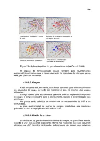 166




     Levantamento topográfico / curvas   Plotagem da localização dos esgotos a
     de nível.                           céu aberto (pontos).




      Zonas de alagamento (polígonos).   Zonas de risco para infecções
                                         (resultado da intersecção).


      Figura 29 – Aplicação prática do georeferenciamento (VAZ e col., 2004)

      O espaço da territorialização servirá também para levantamentos
epidemiológicos locais e para o desenvolvimento de pesquisas de interesse para a
USF, por parte dos residentes.


          4.10.1.7. Grupos

       Cada residente terá, em média, duas horas semanais para o desenvolvimento
de atividades de grupo, devendo ser responsável por, no mínimo, dois grupos
diferentes.
       A carga horária para esta atividade permitirá, além da implementação prática
do grupo, o tempo necessário para o planejamento, registro e sistematização das
atividades.
       Os grupos serão definidos de acordo com as necessidades da USF e da
comunidade.
       A troca quadrimestral de regime de escalas possibilitará aos residentes
passarem por todos os grupos em atividade na USF.


          4.10.1.8. Gestão de serviços

      As atividades de gestão de serviços ocorrerão sempre na quarta-feira à tarde,
quando a USF terá apenas expediente interno. Os residentes que não estiverem
alocados na USF, também participarão, independente do estágio que estiverem
 