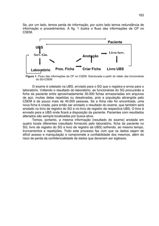 183

Se, por um lado, temos perda de informação, por outro lado temos redundância de
informação e procedimentos. A fig. 1 ilustra o fluxo das informações de CP no
CSEM.


                                                                   Paciente
         UBS
                                                                    Livro Serv.
        Serv. Gin.                             Anotação



      Laboratório        Proc. Ficha           Criar Ficha        Livro UBS

  Figura 1. Fluxo das informações de CP no CSEM. Estruturada a partir do relato das funcionárias
          do SG-CSEM.

        O exame é coletado na UBS, enviado para o SG que o registra e envia para o
laboratório. Voltando o resultado do laboratório, as funcionárias do SG procurarão a
ficha da paciente entre aproximadamente 30.000 fichas armazenadas em arquivos
de aço, muitas delas repetidas ou desativadas, pois a população abrangida pelo
CSEM é de pouco mais de 40.000 pessoas. Se a ficha não for encontrada, uma
nova ficha é criada, para então ser anotado o resultado do exame, que também será
anotado no livro de registro do SG e no livro de registro da respectiva UBS. O livro é
enviado para a UBS onde ficará a disposição da paciente. Pacientes com resultados
alterados são sempre localizadas por busca ativa.
         Temos, portanto, a mesma informação (resultado do exame) anotada em
quatro locais diferentes (resultado fornecido pelo laboratório, ficha da paciente no
SG, livro de registro do SG e livro de registro da UBS) sofrendo, ao mesmo tempo,
truncamentos e repetições. Todo este processo faz com que os dados sejam de
difícil acesso e manipulação e compromete a confiabilidade dos mesmos, além do
risco de perda da confidencialidade de dados que deveriam ser sigilosos.
 