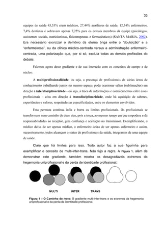 33

equipes de saúde 45,53% eram médicos, 27,44% auxiliares de saúde, 12,34% enfermeiros,
7,4% dentistas e sobravam apenas 7,25% para os demais membros da equipe (psicólogos,
assistentes sociais, nutricionistas, fisioterapeutas e farmacêuticos) (SANTA MARIA, 2002).
Era necessário exorcizar o demônio da eterna briga entre o “doutorzão” e a
“enfermeirosa”, ou da clínica médico-centrada versus a administração enfermeiro-
centrada, uma polarização que, por si só, excluía todas as demais profissões do
debate:

          Falemos agora deste gradiente e de sua interação com os conceitos de campo e de
núcleo:

          A multiprofissionalidade, ou seja, a presença de profissionais de várias áreas de
conhecimento trabalhando juntos no mesmo espaço, pode ocasionar saltos (sublimações) em
direção à interdisciplinaridade - ou seja, à troca de informações e conhecimentos entre esses
profissionais – e/ou em direção à transdisciplinaridade, onde há aquisição de saberes,
experiências e valores, respeitadas as especificidades, entre os elementos envolvidos.

          Esta permuta contínua infla e borra os limites profissionais. Os profissionais se
transformam num caminho de duas vias, pois a troca, ao mesmo tempo em que empodera e dá
responsabilidades ao receptor, gera confiança e aceitação no transmissor. Exemplificando, o
médico deixa de ser apenas médico, o enfermeiro deixa de ser apenas enfermeiro e assim,
sucessivamente, todos alcançam o status de profissionais da saúde, integrantes de uma equipe
de saúde.

          Claro que há limites para isso. Todo autor faz a sua figurinha para
exemplificar o conceito de multi-inter-trans. Não fujo a regra. A Figura 1, além de
demonstrar este gradiente, também mostra os desagradáveis extremos da
hegemonia uniprofissional e da perda de identidade profissional.




                     MULTI           INTER         TRANS

    Figura 1 – O Caminho do meio: O gradiente multi-inter-trans e os extremos da hegemonia
    uniprofissional e da perda da identidade profissional.
 