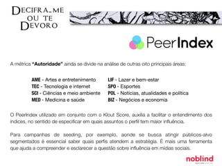 O PeerIndex utilizado em conjunto com o Klout Score, auxilia a facilitar o entendimento dos
índices, no sentido de especiﬁcar em quais assuntos o perﬁl tem maior inﬂuência.
Para campanhas de seeding, por exemplo, aonde se busca atingir públicos-alvo
segmentados é essencial saber quais perﬁs atendem a estratégia. É mais uma ferramenta
que ajuda a compreender e esclarecer a questão sobre inﬂuência em mídias sociais.
LIF - Lazer e bem-estar
SPO - Esportes
POL
- Notícias, atualidades e política
BIZ - Negócios e economia
A métrica “Autoridade” ainda se divide na análise de outras oito principais áreas:
AME - Artes e entretenimento
TEC	- Tecnologia e internet
SCI - Ciências e meio ambiente
MED - Medicina e saúde
 