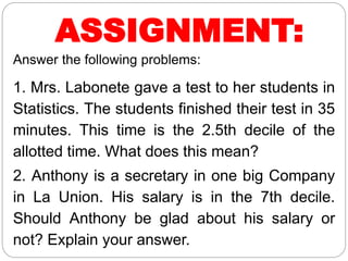 ASSIGNMENT:
Answer the following problems:
1. Mrs. Labonete gave a test to her students in
Statistics. The students finished their test in 35
minutes. This time is the 2.5th decile of the
allotted time. What does this mean?
2. Anthony is a secretary in one big Company
in La Union. His salary is in the 7th decile.
Should Anthony be glad about his salary or
not? Explain your answer.
 