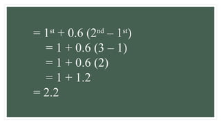 = 1st
+ 0.6 (2nd
– 1st
)
= 1 + 0.6 (3 – 1)
= 1 + 0.6 (2)
= 1 + 1.2
= 2.2
 