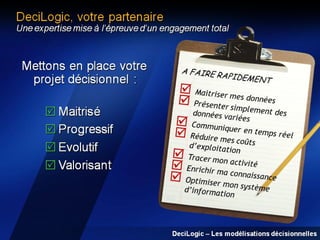 DeciLogic, votre partenaire

Une expertise mise à l’épreuve d’un engagement total

DeciLogic – Les modélisations décisionnelles

 