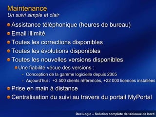 Maintenance
Un suivi simple et clair

Assistance téléphonique (heures de bureau)
Email illimité
Toutes les corrections disponibles
Toutes les évolutions disponibles
Toutes les nouvelles versions disponibles
Une fiabilité vécue des versions :
- Conception de la gamme logicielle depuis 2005
- Aujourd’hui : +3 500 clients référencés, +22 000 licences installées

Prise en main à distance
Centralisation du suivi au travers du portail MyPortal
DeciLogic – Solution complète de tableaux de bord

 