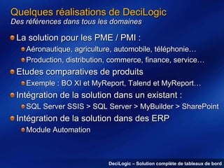 Quelques réalisations de DeciLogic
Des références dans tous les domaines

La solution pour les PME / PMI :
Aéronautique, agriculture, automobile, téléphonie…
Production, distribution, commerce, finance, service…

Etudes comparatives de produits
Exemple : BO XI et MyReport, Talend et MyReport…

Intégration de la solution dans un existant :
SQL Server SSIS > SQL Server > MyBuilder > SharePoint

Intégration de la solution dans des ERP
Module Automation

DeciLogic – Solution complète de tableaux de bord

 