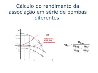 Cálculo do rendimento da
associação em série de bombas
          diferentes.



                              HBas
                    Bas 
                           HBB1 HBB2
                                
                           BB1   BB2
 