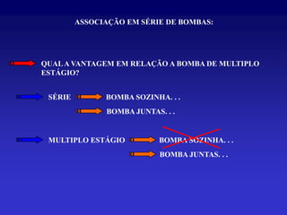 ASSOCIAÇÃO EM SÉRIE DE BOMBAS:




QUAL A VANTAGEM EM RELAÇÃO A BOMBA DE MULTIPLO
ESTÁGIO?


 SÉRIE         BOMBA SOZINHA. . .
               BOMBA JUNTAS. . .


 MULTIPLO ESTÁGIO           BOMBA SOZINHA. . .
                            BOMBA JUNTAS. . .
 
