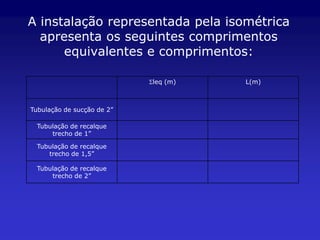 A instalação representada pela isométrica
  apresenta os seguintes comprimentos
      equivalentes e comprimentos:

                            Sleq (m)   L(m)



Tubulação de sucção de 2”

 Tubulação de recalque
     trecho de 1”

 Tubulação de recalque
    trecho de 1,5”

 Tubulação de recalque
     trecho de 2”
 