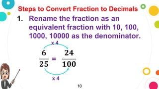 10
Steps to Convert Fraction to Decimals
1. Rename the fraction as an
equivalent fraction with 10, 100,
1000, 10000 as the denominator.
𝟔
𝟐𝟓
=
𝟐𝟒
𝟏𝟎𝟎
x 4
x 4
 