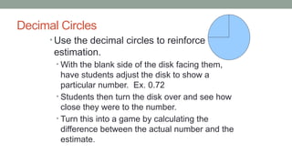 Decimal Circles
• Use the decimal circles to reinforce
estimation.
• With the blank side of the disk facing them,
have students adjust the disk to show a
particular number. Ex. 0.72
• Students then turn the disk over and see how
close they were to the number.
• Turn this into a game by calculating the
difference between the actual number and the
estimate.
 