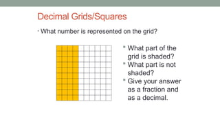 Decimal Grids/Squares
• What number is represented on the grid?
 What part of the
grid is shaded?
 What part is not
shaded?
 Give your answer
as a fraction and
as a decimal.
 