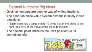 Decimal Numbers: Big Ideas
• Decimal numbers are another way of writing fractions.
• The base-ten place-value system extends infinitely in two
directions.
• “Each place has a value that is 10 times that of the place to the
right (and 1/10 of the value of the place to the left)”.
• The decimal point indicates the units position (to its
immediate left).
Meredith Mathematics and Science Institutes Summer 2015
 