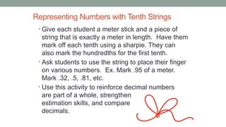 Representing Numbers with Tenth Strings
• Give each student a meter stick and a piece of
string that is exactly a meter in length. Have them
mark off each tenth using a sharpie. They can
also mark the hundredths for the first tenth.
• Ask students to use the string to place their finger
on various numbers. Ex. Mark .95 of a meter.
Mark .32, .5, .81, etc.
• Use this activity to reinforce decimal numbers
are part of a whole, strengthen
estimation skills, and compare
decimals.
 