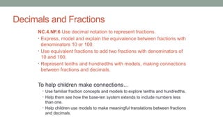 Decimals and Fractions
NC.4.NF.6 Use decimal notation to represent fractions.
• Express, model and explain the equivalence between fractions with
denominators 10 or 100.
• Use equivalent fractions to add two fractions with denominators of
10 and 100.
• Represent tenths and hundredths with models, making connections
between fractions and decimals.
To help children make connections…
• Use familiar fraction concepts and models to explore tenths and hundredths.
• Help them see how the base-ten system extends to include numbers less
than one.
• Help children use models to make meaningful translations between fractions
and decimals.
 