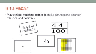 Is it a Match?
• Play various matching games to make connections between
fractions and decimals.
forty-four
hundredths
.44
4 4
100
+
 