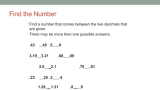 Find the Number
• Find a number that comes between the two decimals that
are given.
• There may be more than one possible answers.
.43 .45 .5 .6
3.19 3.21 .08 .09
2.0 _2.1 .79 .81
.23 .25 .2 .4
1.29 _ 1.31 .8 _ .9
 