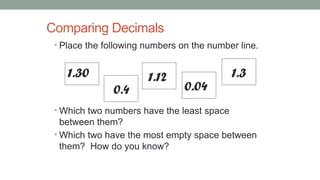 Comparing Decimals
• Place the following numbers on the number line.
• Which two numbers have the least space
between them?
• Which two have the most empty space between
them? How do you know?
0.04
0.4
1.12
1.30 1.3
 