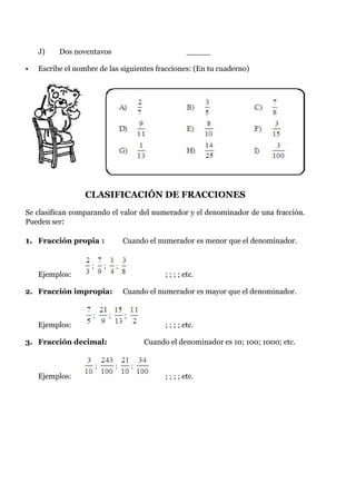 J)    Dos noventavos                           _____

•   Escribe el nombre de las siguientes fracciones: (En tu cuaderno)




                  CLASIFICACIÓN DE FRACCIONES
Se clasifican comparando el valor del numerador y el denominador de una fracción.
Pueden ser:

1. Fracción propia :         Cuando el numerador es menor que el denominador.



    Ejemplos:                             ; ; ; ; etc.

2. Fracción impropia:        Cuando el numerador es mayor que el denominador.



    Ejemplos:                             ; ; ; ; etc.

3. Fracción decimal:                Cuando el denominador es 10; 100; 1000; etc.



    Ejemplos:                             ; ; ; ; etc.
 