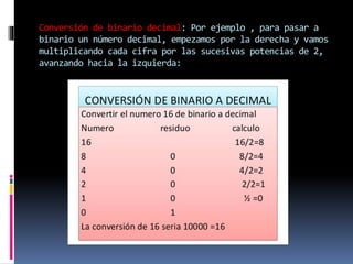 Conversión de binario decimal: Por ejemplo , para pasar a
binario un número decimal, empezamos por la derecha y vamos
multiplicando cada cifra por las sucesivas potencias de 2,
avanzando hacia la izquierda:
 