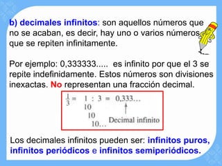 b) decimales infinitos: son aquellos números que
no se acaban, es decir, hay uno o varios números
que se repiten infinitamente.

Por ejemplo: 0,333333..... es infinito por que el 3 se
repite indefinidamente. Estos números son divisiones
inexactas. No representan una fracción decimal.




Los decimales infinitos pueden ser: infinitos puros,
infinitos periódicos e infinitos semiperiódicos.
 