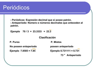 Periódicos - Periódicos: Expresión decimal que sí posee patrón. - Anteperíodo: Número o números decimales que anteceden al patrón. Ejemplo 70 / 3 = 23.3333 = 23.3 Clasificación P. Puros P. Mixtos No poseen enteperiodo poseen anteperiodo Ejemplo 7.8585 = 7.85 Ejemplo 0.731111 = 0.731 73 Anteperiodo
