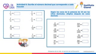 Actividad 6: Escribe el número decimal que corresponde a cada
fracción
Según los ceros de la potencia de 10 son las
cifras decimales. (Dígitos después de coma
decimal)
 