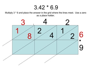 3.42 * 6.9 3 4 2 6 9 1 2 4 2 8 1 Multiply 3 * 6 and place the answer in the grid where the lines meet.  Use a zero as a place holder. . . 