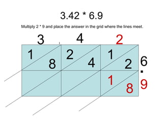 3.42 * 6.9 3 4 2 6 9 1 2 4 2 8 1 8 1 Multiply 2 * 9 and place the answer in the grid where the lines meet. . . 