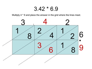 3.42 * 6.9 3 4 2 6 9 1 2 4 2 8 1 8 1 Multiply 4 * 9 and place the answer in the grid where the lines meet. 6 3 . . 