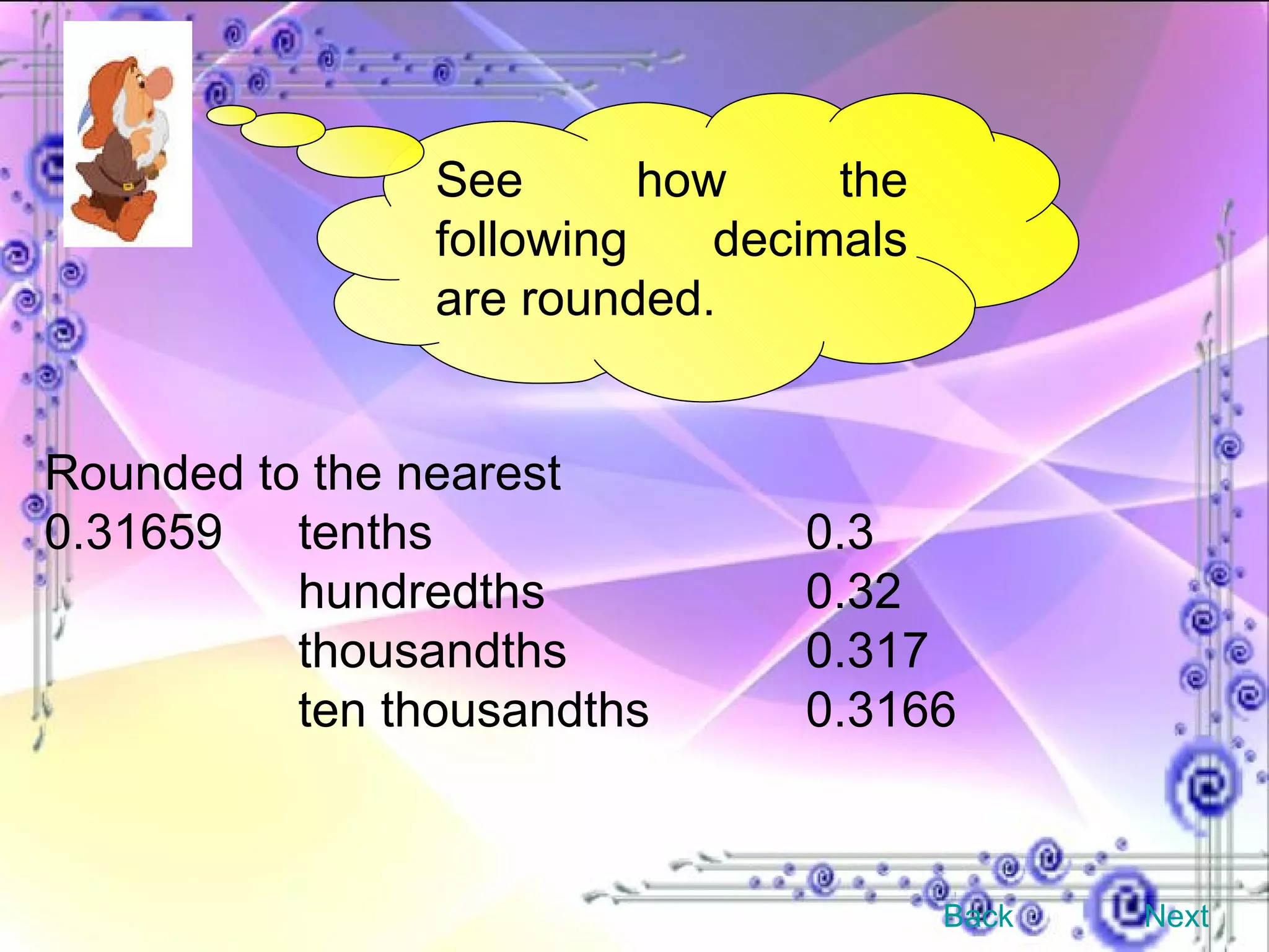 See how the following decimals are rounded. Rounded to the nearest 0.31659 tenths 0.3 hundredths 0.32 thousandths 0.317 ten thousandths 0.3166 Back Next 