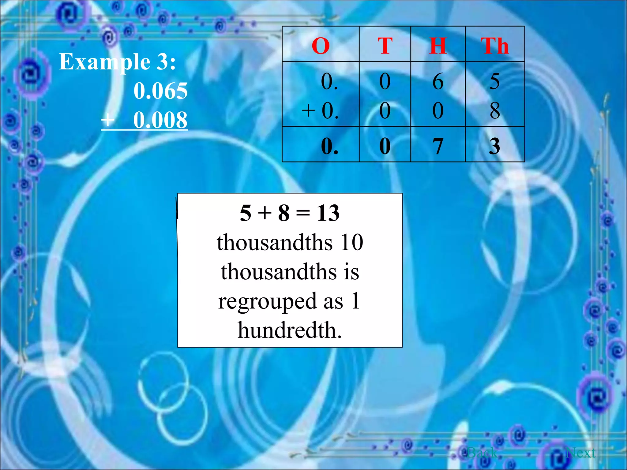 Example 3:   0.065 +  0.008 5 + 8 = 13  thousandths 10 thousandths is regrouped as 1 hundredth. Back Next O T H Th 0. + 0. 0 0 6 0 5 8 0. 0 7 3 
